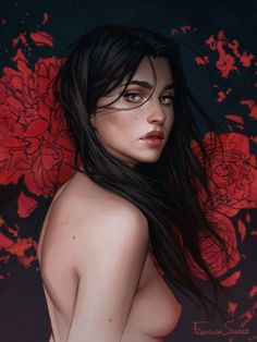 an image of a woman with long black hair and red flowers on the wall behind her