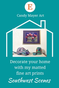 an advertisement for candy mayer art with some pictures on the wall and in front of it