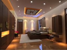 a modern bedroom with wood flooring and lights on the ceiling is lit by recessed lighting