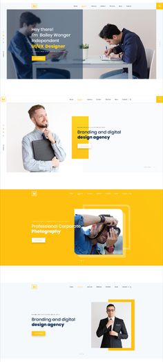 the landing page for a website with yellow and white colors, including two men working on computers