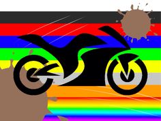 a man riding a motorcycle on top of a rainbow colored background with an arrow in the middle