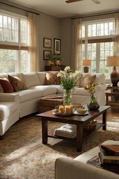 a living room filled with furniture and lots of windows