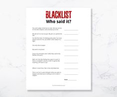 the blacklist who said it? printable worksheet on a marble background