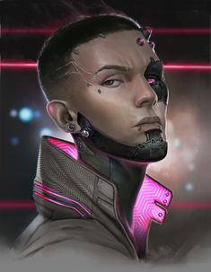 a digital painting of a man with futuristic headgear