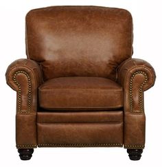 a brown leather recliner chair with studding on the armrests and arms