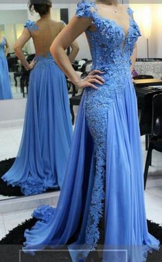 Hollow Back Blue Chiffon Prom Dress, Lace Appliques Women Evening Dress 2019 sold by inloveprom on Storenvy Changing Dresses, Party Formal Dress, Sulaman Pita, Bridal Suits, Hawaii Dress, Evening Dress Long, Formal Occasion Dress, 파티 드레스, Beaded Prom Dress