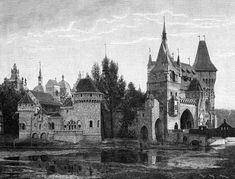 an old black and white photo of a castle