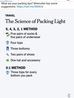 the science of packing light info sheet is shown in this screenshote, which includes instructions on how to pack and use it