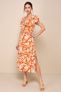 Energetic Charm Rust Orange Abstract Tie-Front Midi Dress Trendy Spring Dresses, Summer Dresses Sundresses, Graphic Abstract, Resort Wear Dresses, Resort Wear For Women, Abstract Dress, Orange Print, Pleated Maxi Dress, Rust Orange