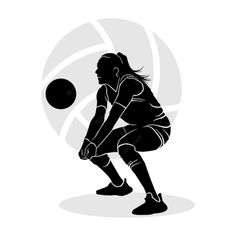 a woman is playing with a ball in black and white silhouette on a white background