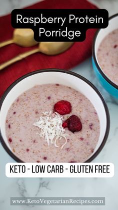 two bowls of raspberry protein porridge on a table