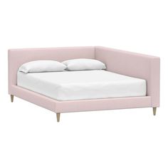 Our latest collaboration with West Elm is inspired by mid-century modern style. The Timo Corner Bed boasts clean lines and a lowered profile that not only fits into a corner to save space but is closer to the ground so that little ones can get in and out of bed easier. Accented with plush upholstery, this bed is crafted from quality materials to last for years to come. HOW IT IS CONSTRUCTED Bed frame is crafted from engineered wood and upholstered with your choice of fabric on the front and edge Corner Bed, Student Dorm, Bed In Corner, Bed Full, Bed Queen, Pool Light, Teen Bedding, Upholstered Bed, Full Bed