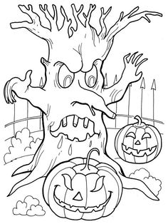 halloween tree with pumpkins and jack - o'- lanterns coloring page for kids