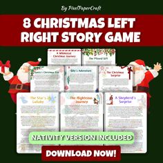 the 8 christmas left right story game is shown with santa claus and other holiday related items