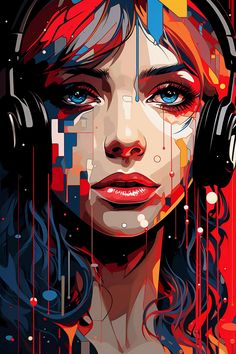 a woman with headphones on her face is featured in this digital painting by jeff vander