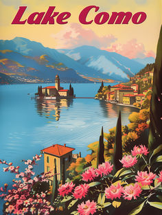 Embrace the timeless charm of Italy with our "Lake Como in Bloom" Vintage Travel Poster. This exquisite piece captures the essence of one of Italy's most picturesque destinations, presenting Lake Como in all its glory, adorned with flourishing pink blossoms that frame the scene. Ideal as a standout piece for your home, office, or as a gift for a lover of Italian landscapes, this high-quality, printable artwork offers versatility and ease of display. Italian Scenery, Retro Italy, Vintage Italian Posters, Lake Garda Italy, Italian Posters