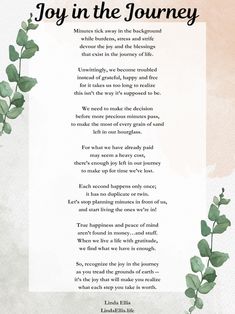 the poem for joy in the journey with watercolor background and green leaves on it