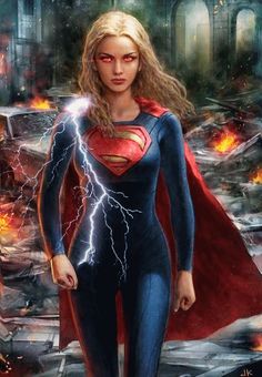 a woman in a superman suit standing on top of a pile of rubble with lightning coming out of her chest