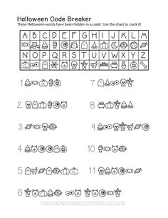 halloween code breaker worksheet for kids to practice the alphabet and numbers in this printable