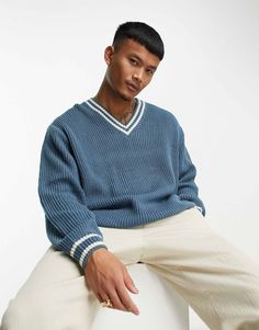 Jumpers & Cardigans by ASOS DESIGN *Swipes right* V-neck Drop shoulders Contrast tipping Oversized fit Blue V Neck Sweater Outfit Men, Cricket Sweater Outfit, Jumper Outfit Men, Cricket Jumper, Cricket Sweater, Sweater Outfits Men, Tennis Sweater, Jumper Outfit