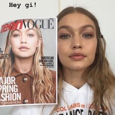 a woman is holding up a magazine with her face on the cover and looking at the camera