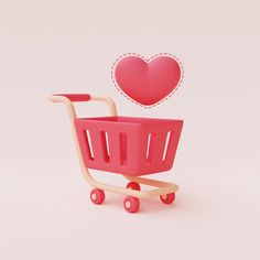 a red shopping cart with a heart shaped object in the back