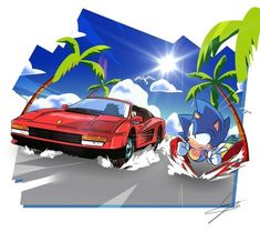 sonic the hedgehog and his red car are driving down the road in front of palm trees