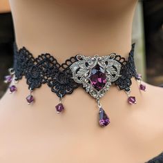 Amethyst Choker Necklace, Gothic Necklace Choker, Dark Fantasy Jewelry, Gothic Choker Necklace For Jewelry Making, Gothic Sterling Silver Choker Necklace, Gothic Sterling Silver Necklaces For Parties, Gothic Sterling Silver Choker Jewelry, Gothic Sterling Silver Choker, Vintage Purple Choker Necklace