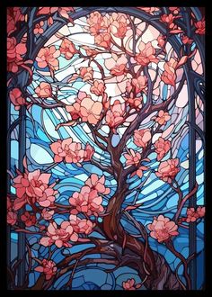 a painting of a tree with pink flowers in front of a stained glass window at night