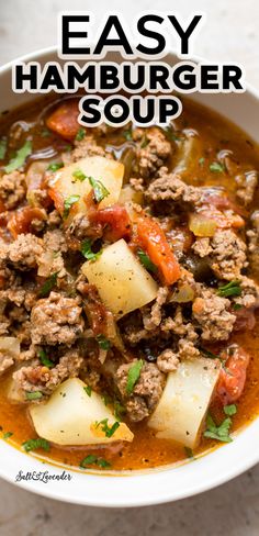 easy hamburger soup with potatoes and meat in a white bowl on top of a table