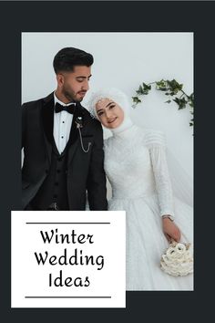 a man and woman dressed in white standing next to each other with the words winter wedding ideas