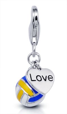 a charm that says love with a volleyball ball in the center and a heart on it