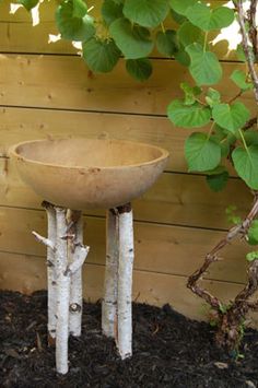 a wooden bowl sitting on top of a tree stump next to a planter filled with leaves