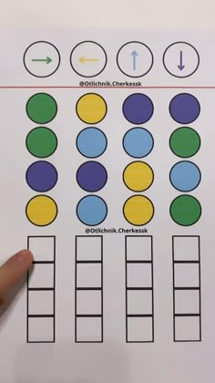 a hand is pointing at the numbers on a sheet that has circles and arrows in it