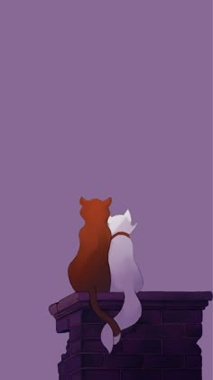 two cats sitting on top of a brick wall next to each other in front of a purple sky