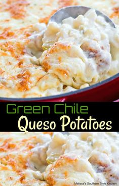 green chile cheesy potatoes in a red casserole dish with a spoon