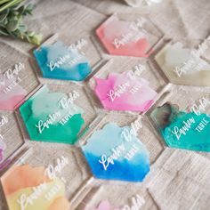 Watercolor Calligraphy Place Cards - Wedding Decor Gifts Resin Wedding Decor, Place Name Ideas, Unique Place Cards Wedding, Place Cards Watercolor, Cricut Wedding Projects, Hexagon Place Cards, Watercolor Place Cards, Acrylic Place Cards, Fiji Island