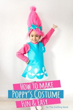 This Poppy Troll Costume Tutorial will make your little troll the hit of the party. You can have this Poppy Troll costume done in about 2 to 3 hours and you don't need to be a pro to make it. Also, you don't need a pattern and will fit any size. Cool right? #halloweencostume ##poppytroll #poppytrollcostume #halloweenparty #halloweenfun #halloweencraft #diycostume Troll Costume Diy, Poppy Halloween Costume, Troll Halloween Costume, Poppy Costume, Crafting Nook, Troll Costume, Princess Poppy, Pretty Crafts, Troll Party