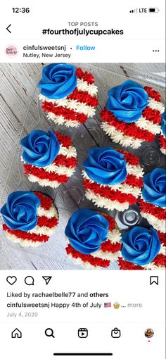 cupcakes decorated with red, white and blue icing are arranged in the shape of an american flag