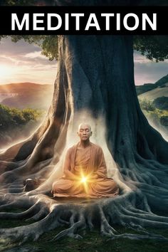 buddha meditating in front of a tree with the words meditation on it