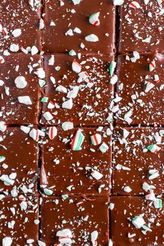 chocolate fudge bars with candy canes and sprinkles on the top