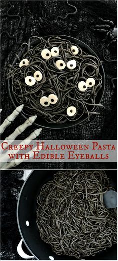 Bring on the savory Halloween food for adults and children! My pasta with edible eyeballs is savory, creepy looking, and delicious! The buttery, garlicky noodles are topped with mozzarella and black olive eyeballs. It's PERFECT for Halloween night! Olive Eyeballs, Edible Eyeballs, Halloween Spaghetti, Savory Halloween Food, Halloween Food For Adults, Black Noodles, Black Pasta, Halloween Pasta, Edible Eyes