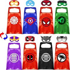 the avengers and spiderman capes are lined up in a row on top of each other