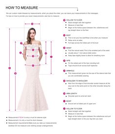 a woman in a white dress with measurements for her wedding gown, and how to measure it