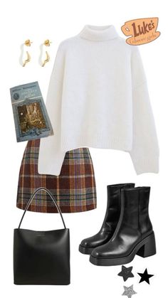 a white sweater, plaid skirt and black boots are featured in this outfit with accessories