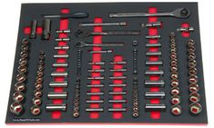 an assortment of tools are displayed on a black tray with red trimmings and screws