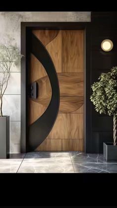 a modern door with an artistic design on the front and side panels that are made out of wood