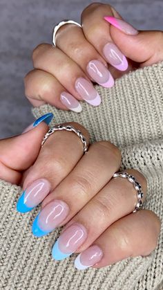 Gradient Blue French Tip Nails, Purple Ombre French Tip Nails, Pink And Blue French Nails, Gradient Nails Blue, Pink And Blue French Tip Nails, Gradient French Tip Nails, Gradient French Nails, Blue Gradient Nails, Acrylics Ideas