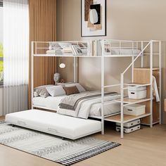 a white bunk bed sitting on top of a hard wood floor next to a window