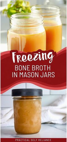 two jars filled with homemade bone broth in mason jars